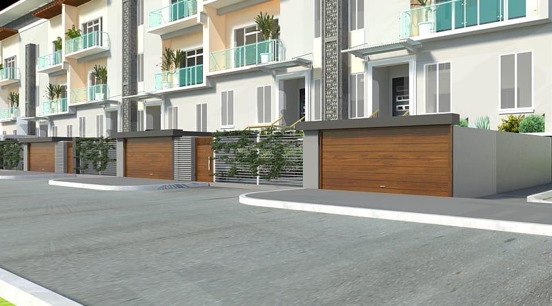 Street-level architectural rendering of the Lake View Apartment townhouse row with wooden garage doors and glass-railed balconies
