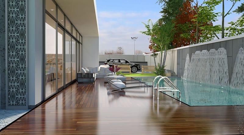 Architectural rendering of the Lake View Apartment pool deck with water-jet fountains, lounge furniture and a parked car